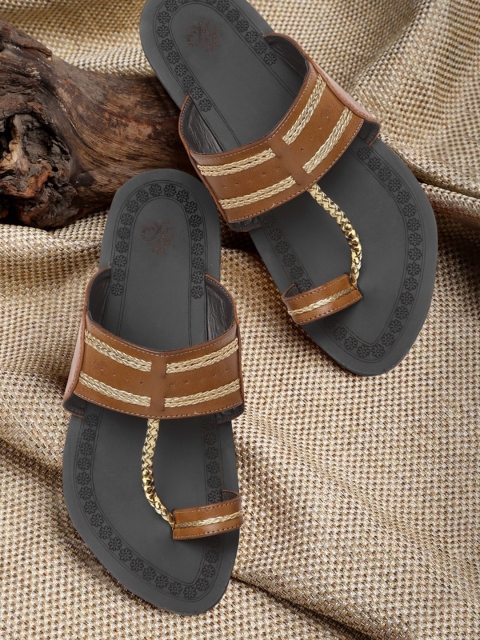

House of Pataudi Men Olive Brown & Gold-Toned Braided Handcrafted Comfort Sandals