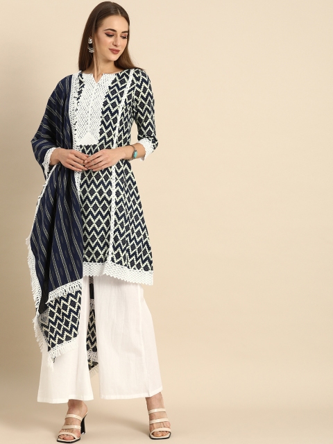 

Rajnandini Women Navy Blue Printed Lace Detailed Pure Cotton Kurta Set