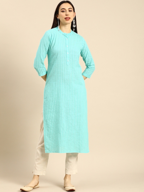 

Rajnandini Women Turquoise Blue Striped Pure Cotton Kurta