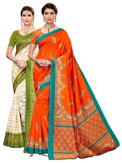 

KALINI Pack of 2 Olive & Orange Ethnic Motifs Art Silk Saree, White