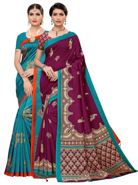 

KALINI Sea Green & Magenta Art Silk Pack of 2 Printed Saree