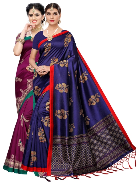 

KALINI Pack of 2 Ethnic Motif Art Silk Sarees, Blue