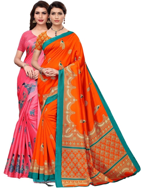 

KALINI Pack Of 2 Pink & Orange Ethnic Motifs Art Silk Sarees