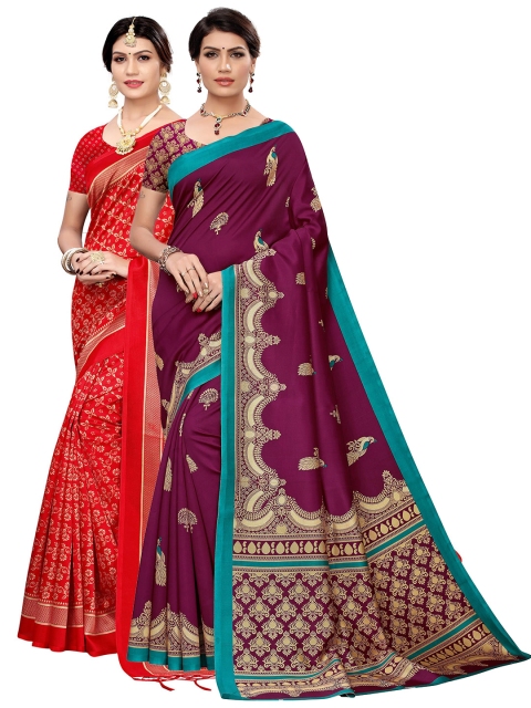 

KALINI Red & Burgundy Floral Print Art Silk Pack of 2 Printed Saree