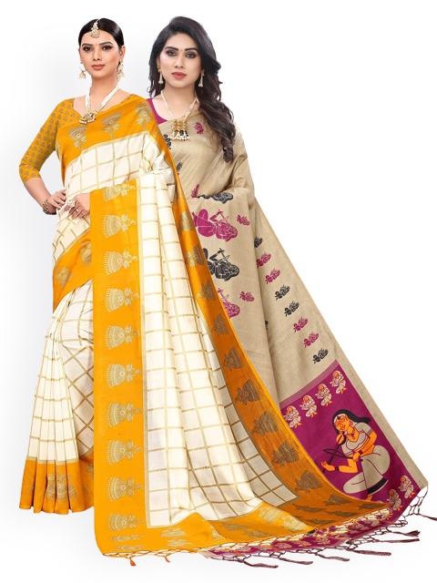 

KALINI Pack Of 2 White & Yellow Ethnic Motifs Art Silk Saree