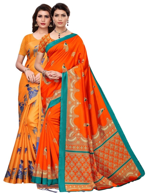 

KALINI Orange Art Silk Pack of 2 Printed Saree