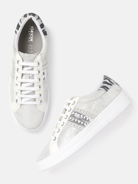 

Geox Women Silver-Toned & Grey Leather Sneakers