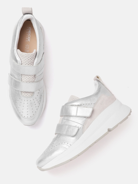 

Geox Women Silver-Toned Perforated Leather Flatform Sneakers
