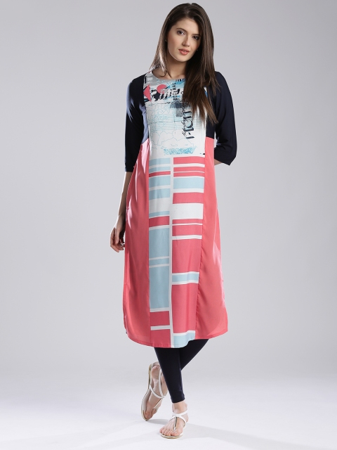 

W Women Navy Coral Pink & Blue Printed Kurta