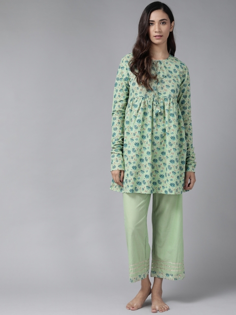 

Indo Era Women Green & Blue Printed Pyjama Set