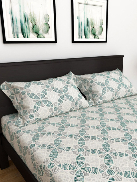 

Home Centre White & Teal Geometric 150 TC King Bedsheet with 2 Pillow Covers