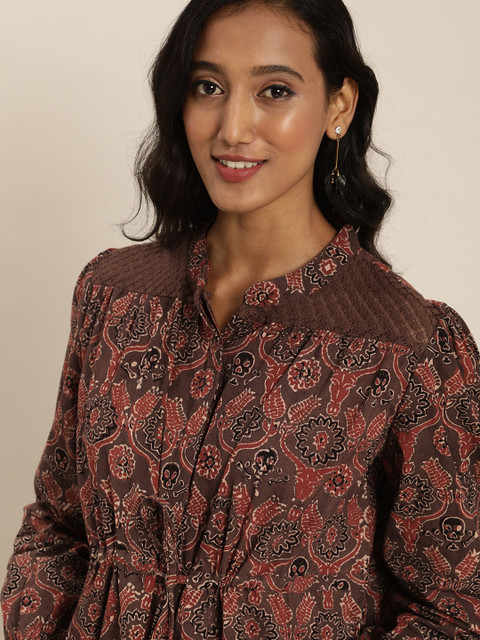 

Taavi Brown Ajrakh Hand Block Print Mandarin Collar Cinched Waist Top with Waist Tie-Ups