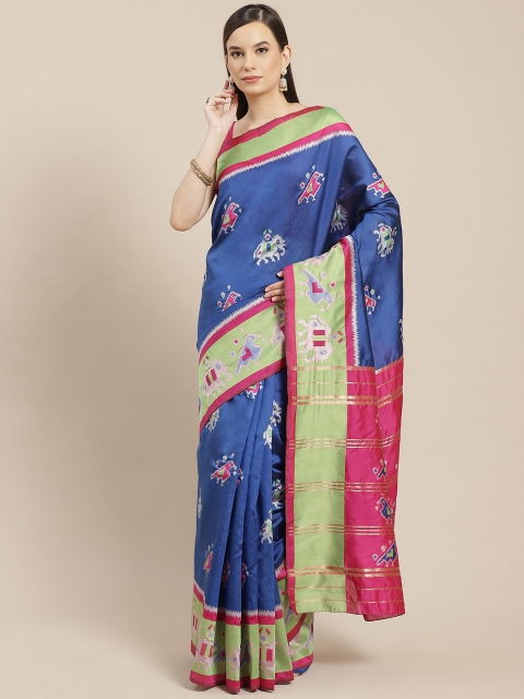

SHUBHVASTRA Blue Ethnic Motifs Woven Design Banarasi Silk Patola Saree