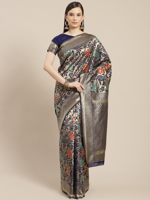 

SHUBHVASTRA Navy Blue & Golden Ethnic Motifs Woven Design Banarasi Saree