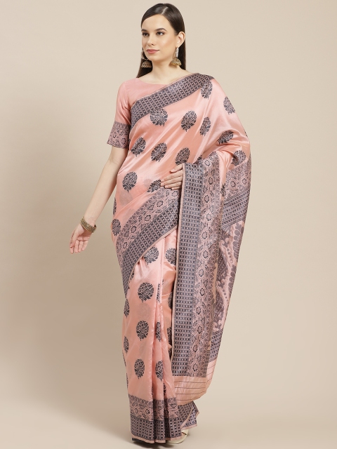 

SHUBHVASTRA Pink & Navy Blue Ethnic Motifs Woven Design Banarasi Saree
