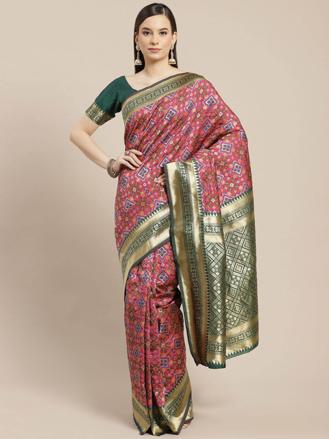 

SHUBHVASTRA Pink & Purple Ethnic Motifs Woven Design Patola Saree