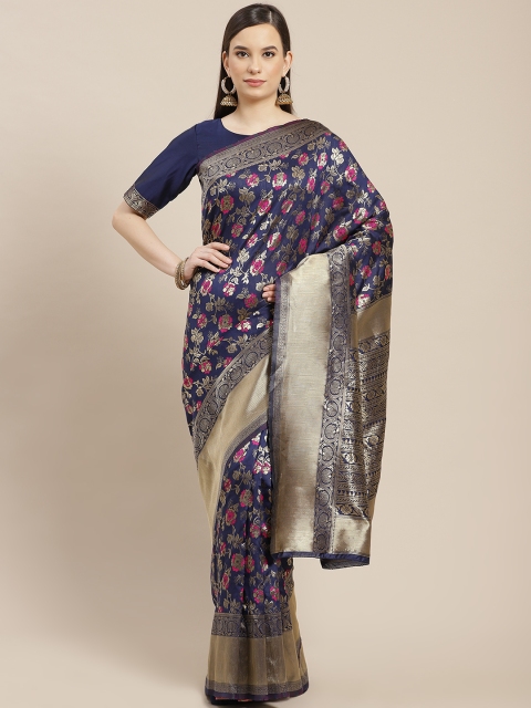 

SHUBHVASTRA Navy Blue & Golden Ethnic Motifs Woven Design Banarasi Saree