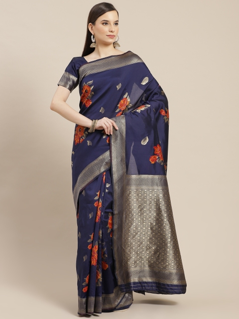 

SHUBHVASTRA Navy Blue & Golden Floral Banarasi Saree