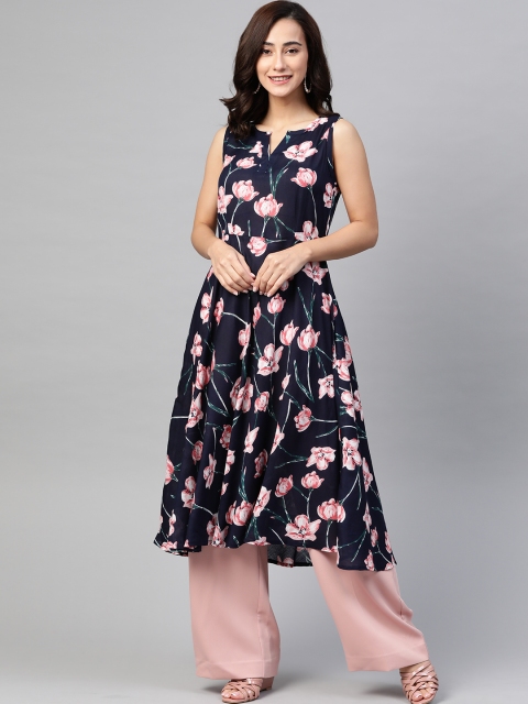 

Jompers Women Navy Blue & Pink Floral Printed A-Line Kurta