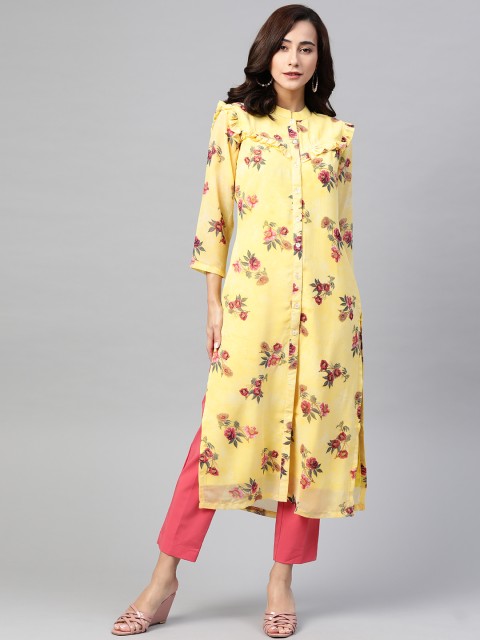 

Jompers Women Yellow & Red Floral Printed Georgette Kurta