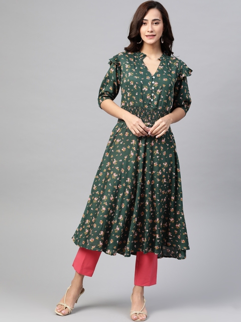 

Jompers Women Green & Yellow Floral Printed A-Line Kurta