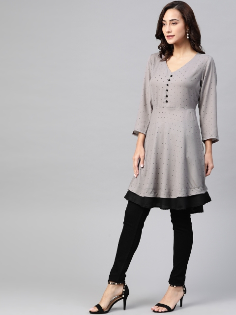 

Jompers Women Grey & Black Pure Cotton Polka Dots Printed A-Line Kurta