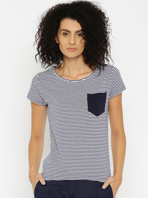 

Mast & Harbour Women Navy & White Striped Round Neck T-shirt, Navy blue