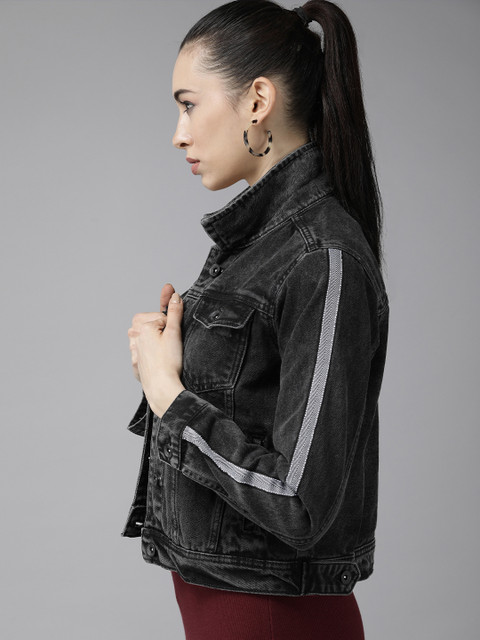 

Roadster Women Black Cotton Washed Denim Jacket with Side Taping