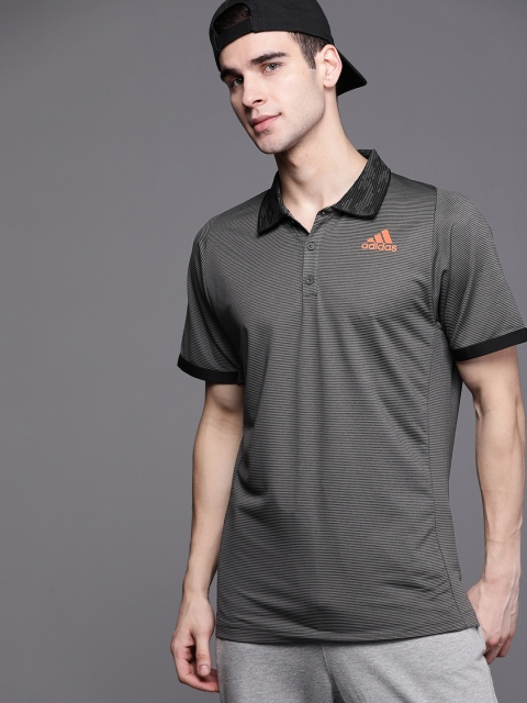 

ADIDAS Men Charcoal Striped Freelift Primeblue Polo Collar Slim Fit T-shirt