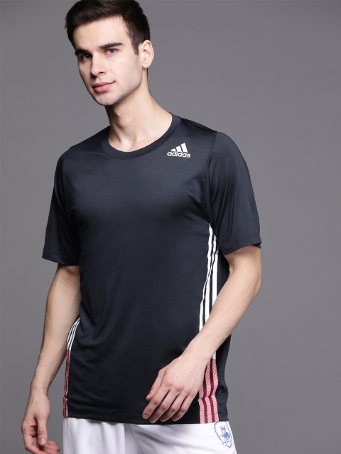 

ADIDAS Men Navy Blue Brand Logo Striped Training Aeroready T-shirt