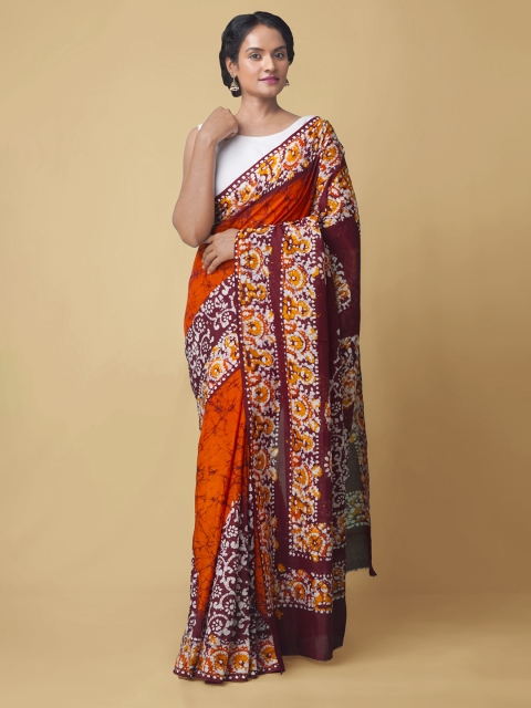 

Unnati Silks Orange & Brown Batik Silk Blend Block Print Saree