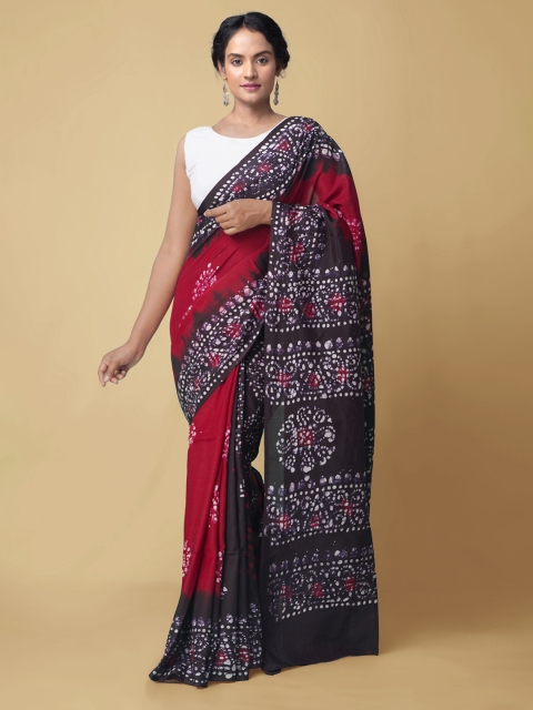 

Unnati Silks Maroon Batik Block Printed Sustainable Silk Blend Saree