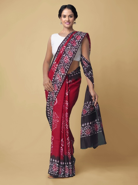 

Unnati Silks Red & Black Batik Silk Blend Block Print Saree