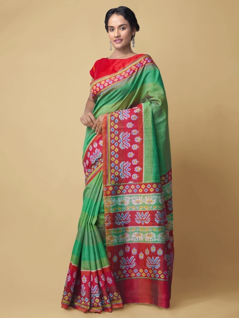 

Unnati Silks Green & Red Woven Design Silk Blend Patola Saree