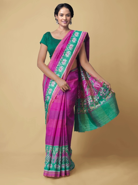 

Unnati Silks Pink & Green Ethnic Motifs Silk Blend Patola Saree