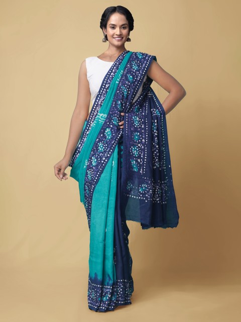 

Unnati Silks Women Sea Green & Blue Batik Silk Blend Block Print Sustainable Saree