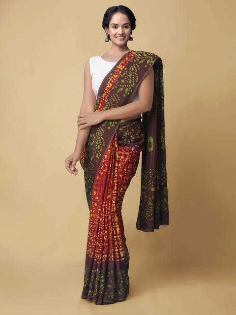 

Unnati Silks Maroon & Brown Batik Silk Blend Block Print Saree