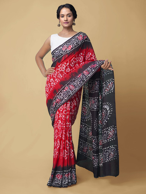 

Unnati Silks Red & Black Bandhani Silk Blend Block Print Saree