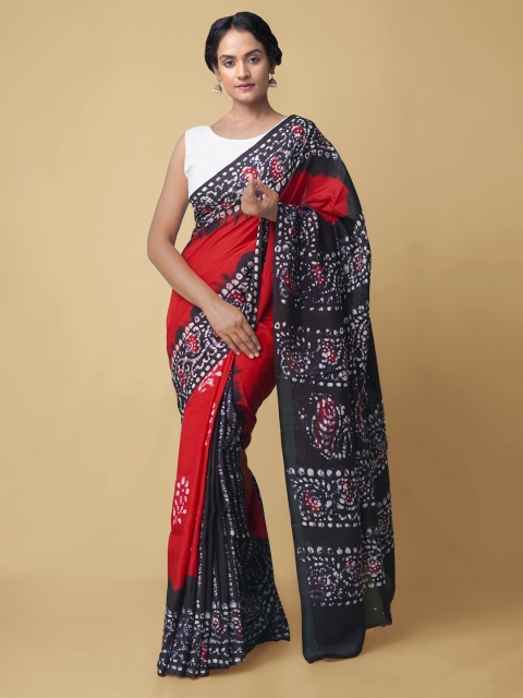 

Unnati Silks Red & Black Handloom Batik Silk Blend Block Print Sustainable Saree