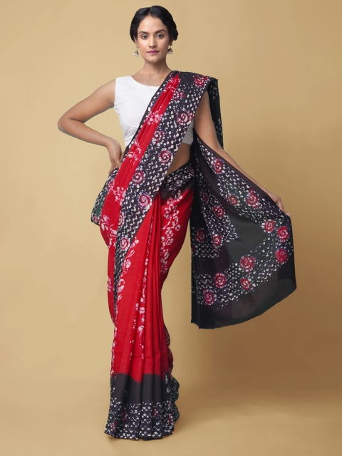 

Unnati Silks Red & Black Batik Silk Blend Block Print Saree