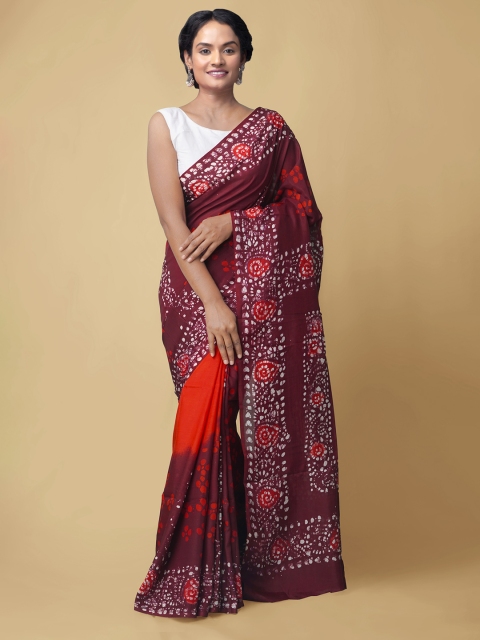 

Unnati Silks Maroon & Red Batik Silk Blend Block Print Saree
