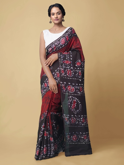 

Unnati Silks Maroon & White Batik Silk Blend Block Print Saree