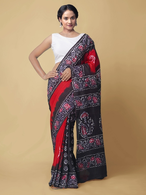 

Unnati Silks Red & Black Batik Silk Blend Block Print Saree