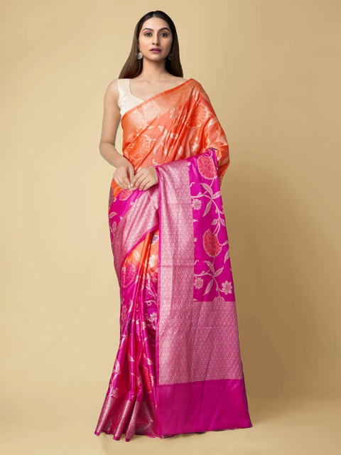 

Unnati Silks Orange & Pink Woven Design Sustainable Silk Cotton Jamdhani Banarasi Saree