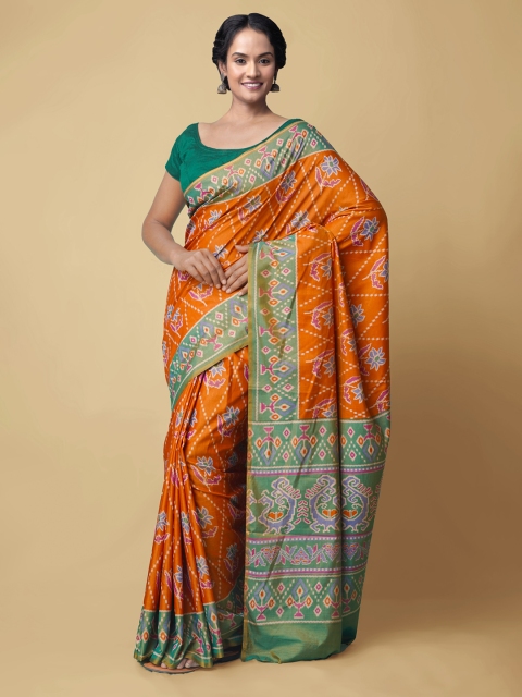 

Unnati Silks Orange & Green Floral Silk Blend Patola Saree