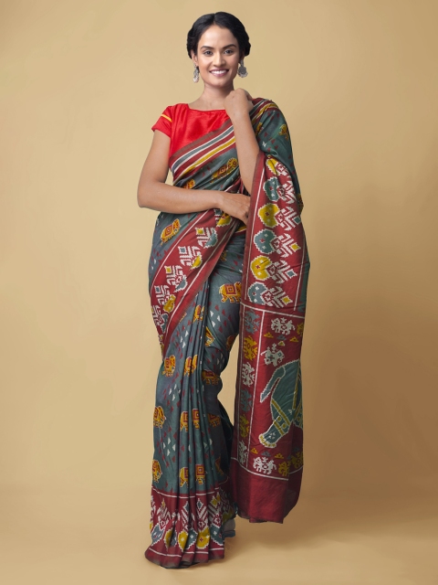 

Unnati Silks Women Grey & Maroon Ethnic Motifs Silk Blend Sustainable Patola Saree