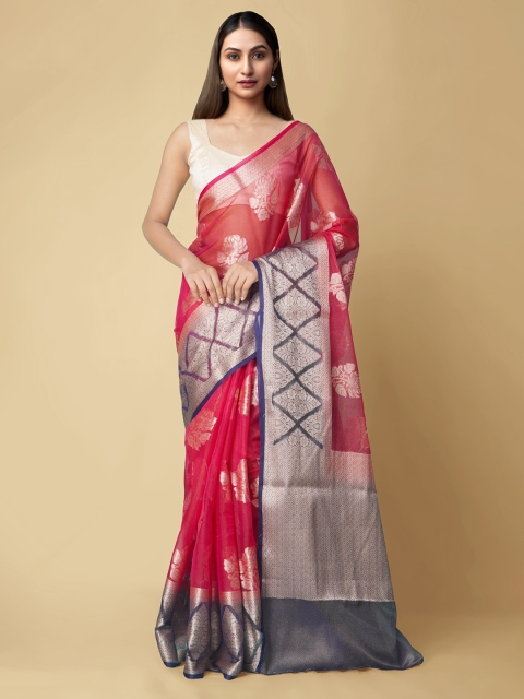 

Unnati Silks Pink & Grey Woven Design Zari Silk Cotton Banarasi Saree