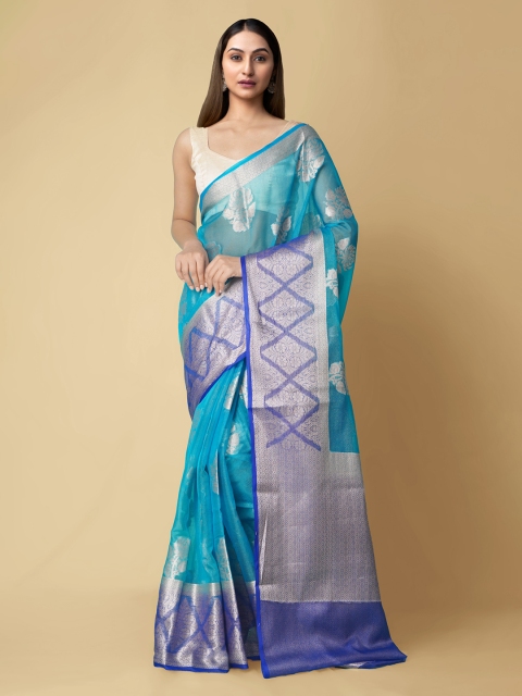 

Unnati Silks Blue & Silver Woven Design Silk Cotton Banarasi Saree