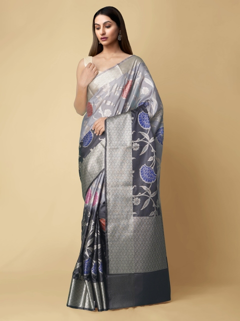 

Unnati Silks Women Grey & Black Floral Woven Designed Jamdhani Banarasi Saree