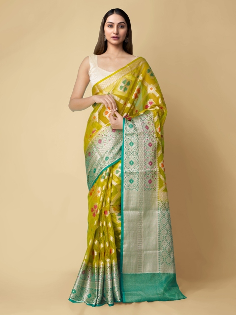 

Unnati Silks Green & Golden Woven Design Silk Cotton Banarasi Saree